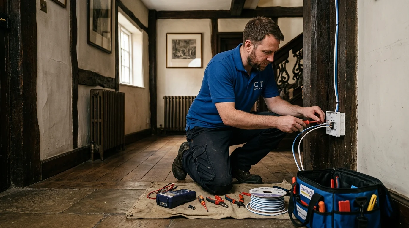Independent Telephone Engineer routing discreet telephone cable in timber-framed townhouse in York YO1