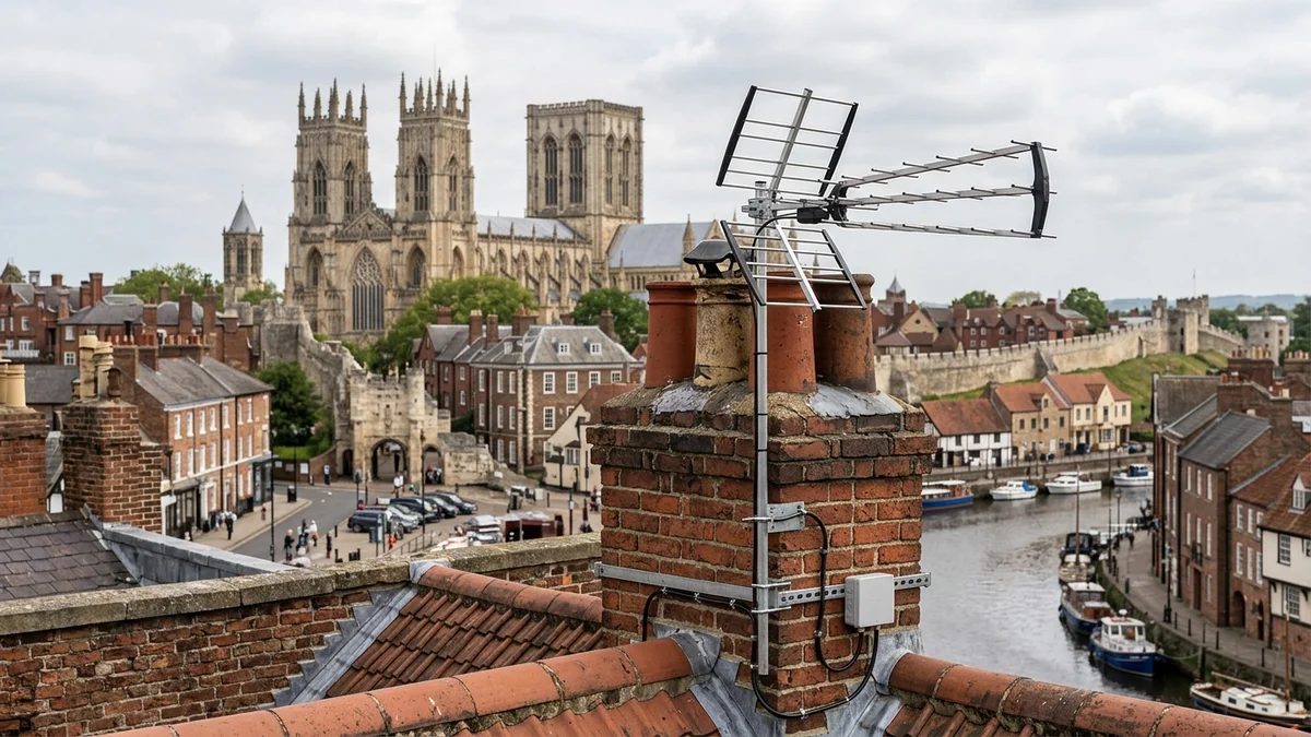 Professional digital TV aerial installation in Poppleton on traditional British chimney stack with galvanized Pennine storm brackets